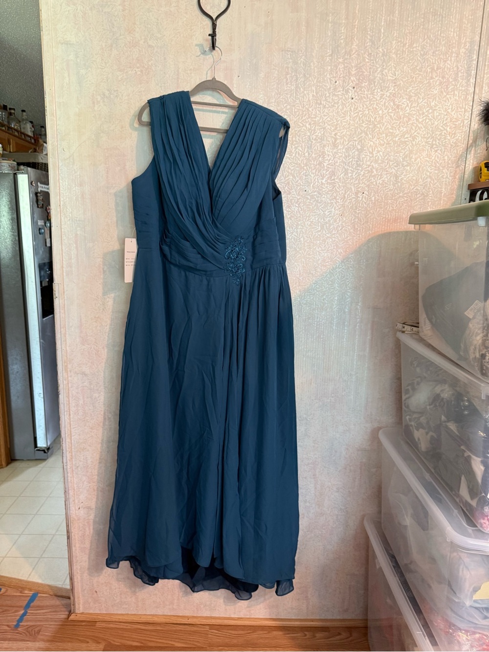 Sleeveless Teal V-Neck,Lace Up Corset, Chiffon Evening Dress, Pockets, PtP 20ins